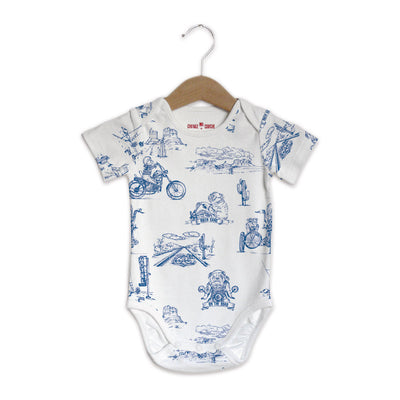 body bébé coton bio manches courtes bleu biker toile de jouy