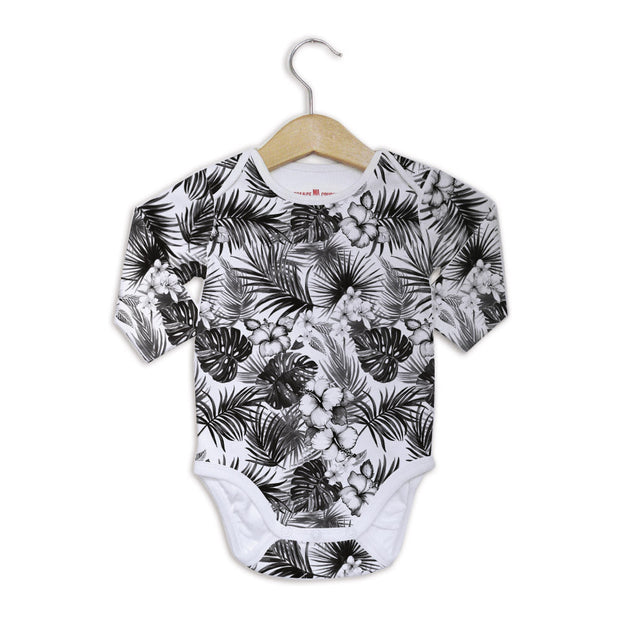 body bébé coton bio manches longues tropical noir et blanc