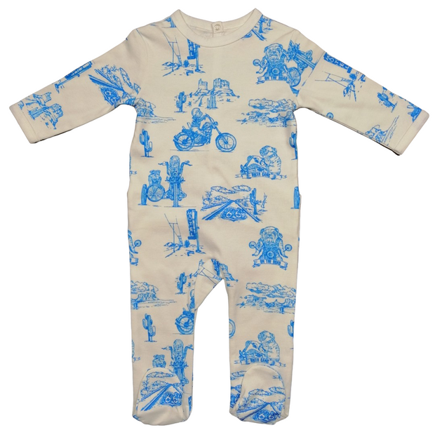 pyjama bébé dors bien coton bio biker bleu toile de jouy rompers
